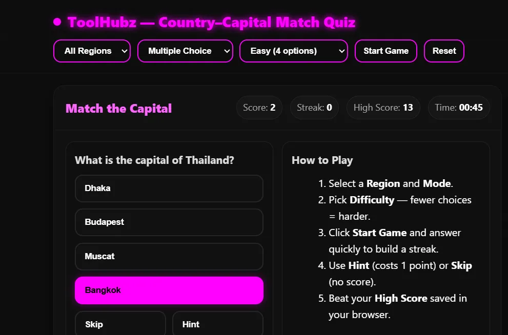 Country Capital Match Quiz