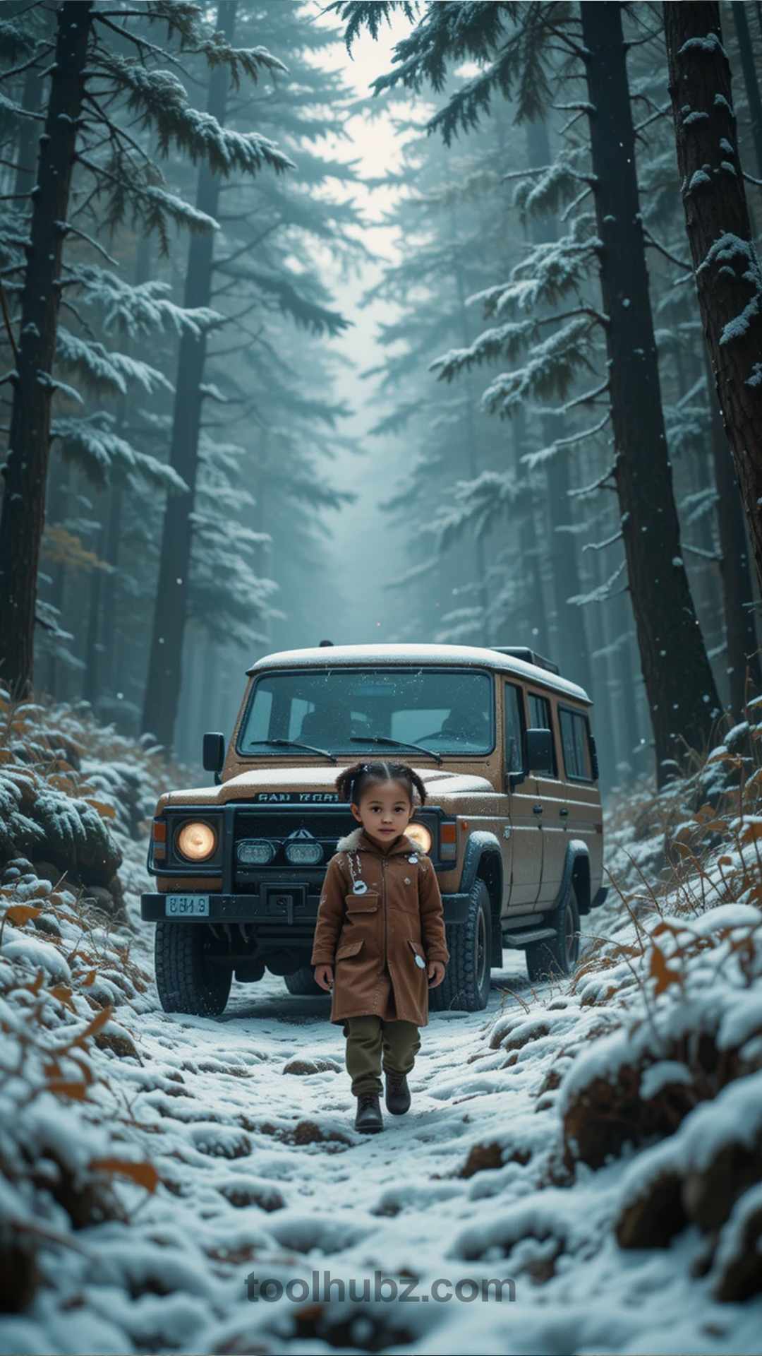 kid with car in snowfall
