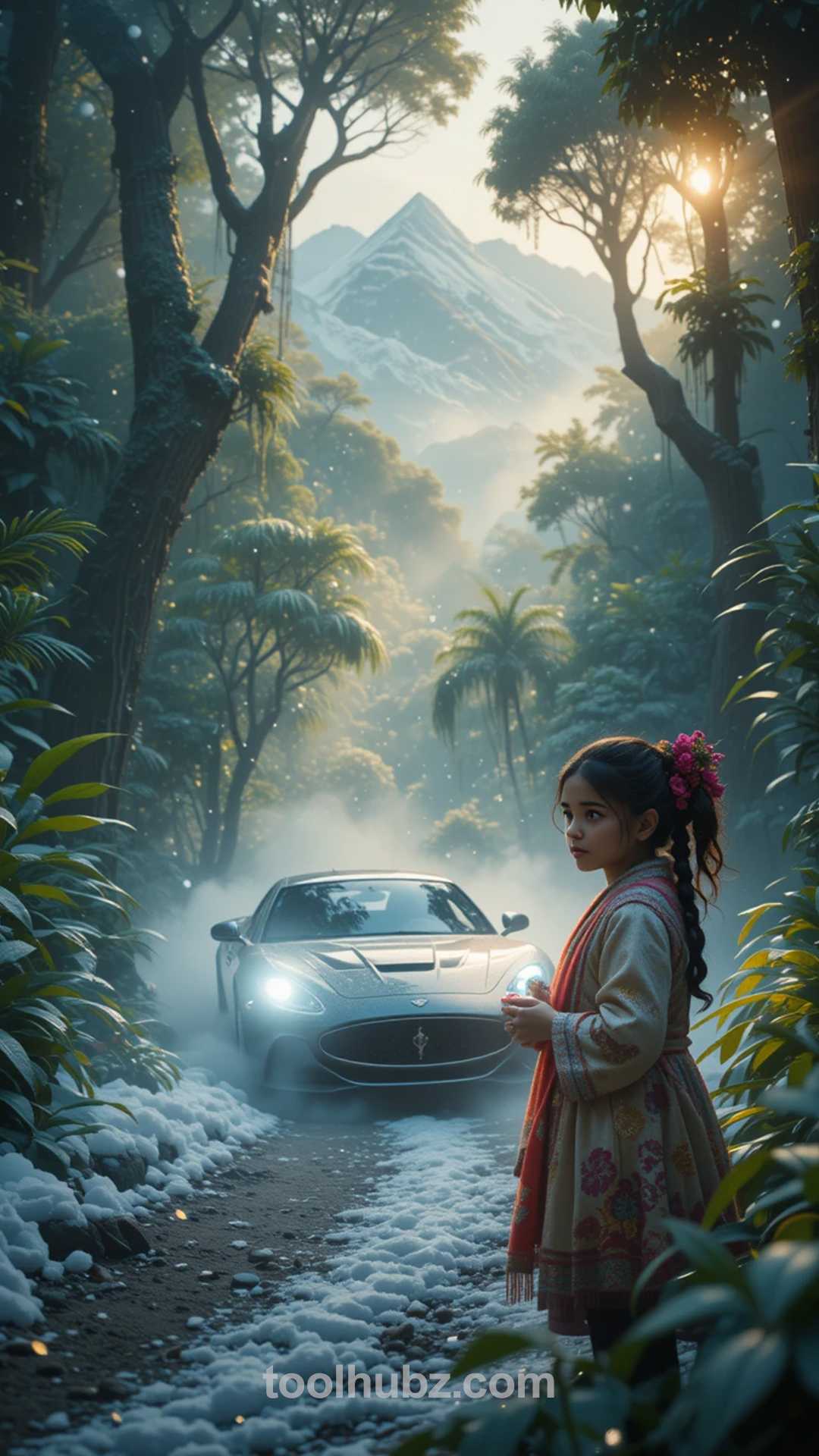 kid with car in snowfall